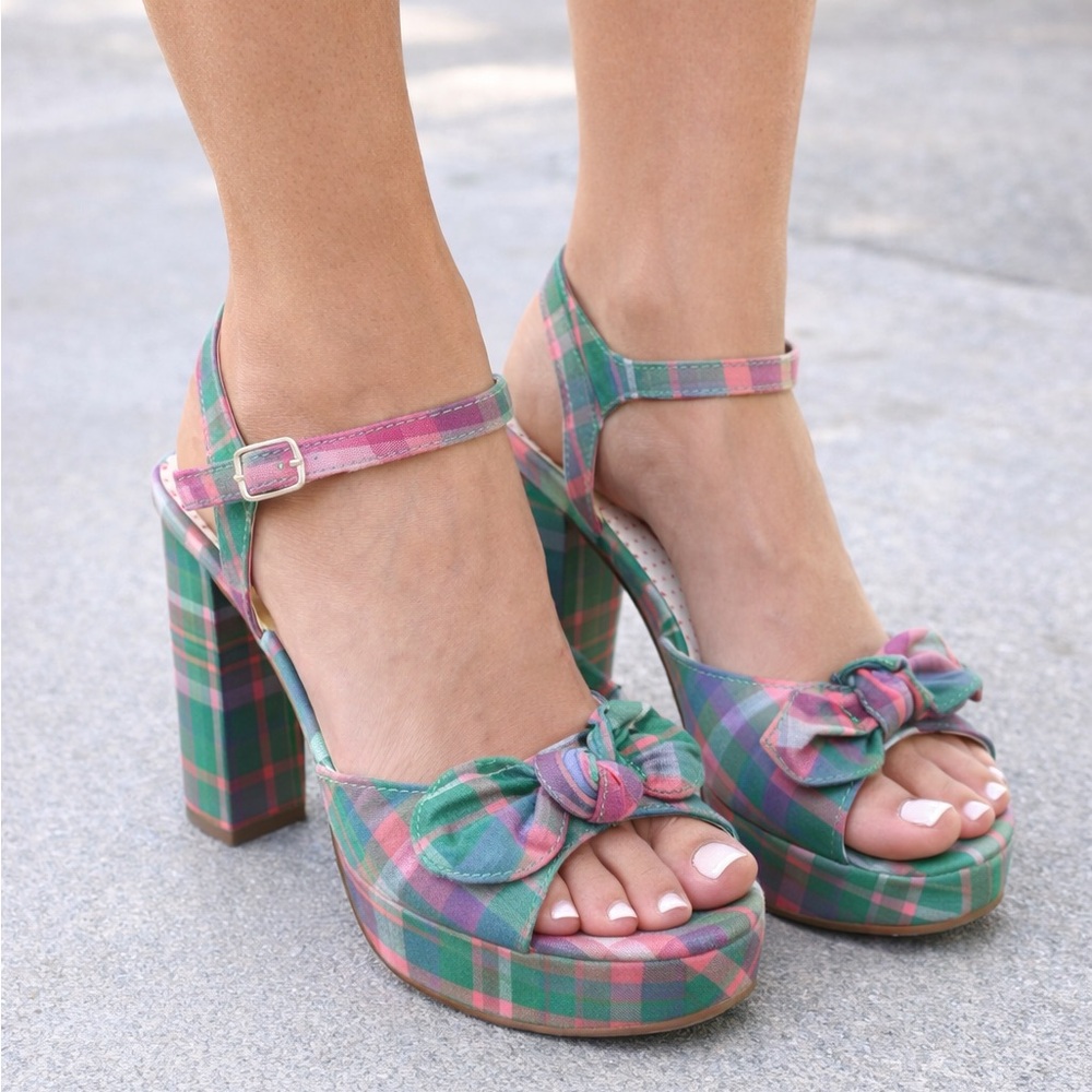 But Another Innocent Tale Plaid Bow Platform Heels‎ Y2K Retro 7.5